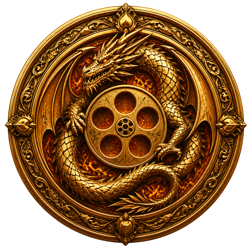 Drakenscroll seal — a gold dragon coiled around a film reel