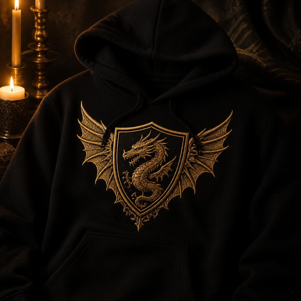 The Worn Sigil — the Drakenscroll dragon shield in gold on black