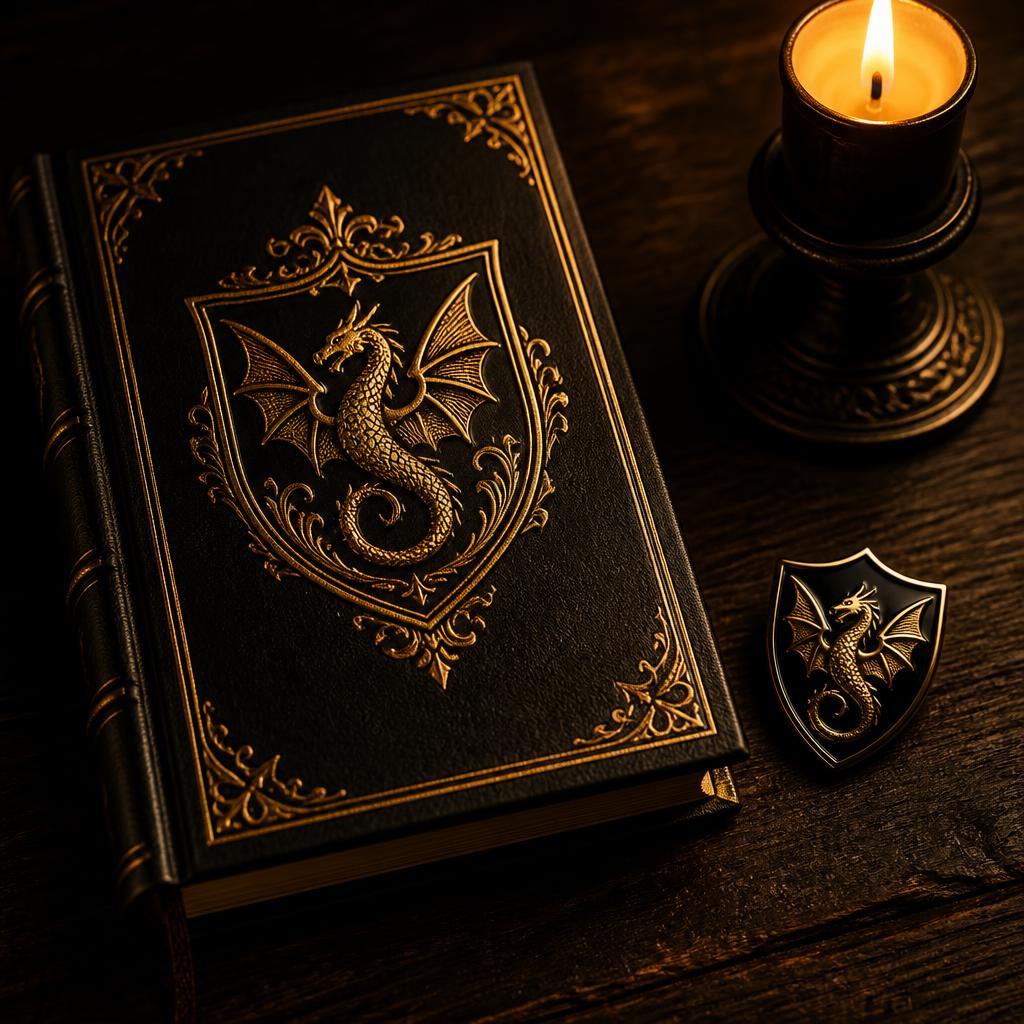 The Vellum Journal — the Drakenscroll dragon shield in gold on black